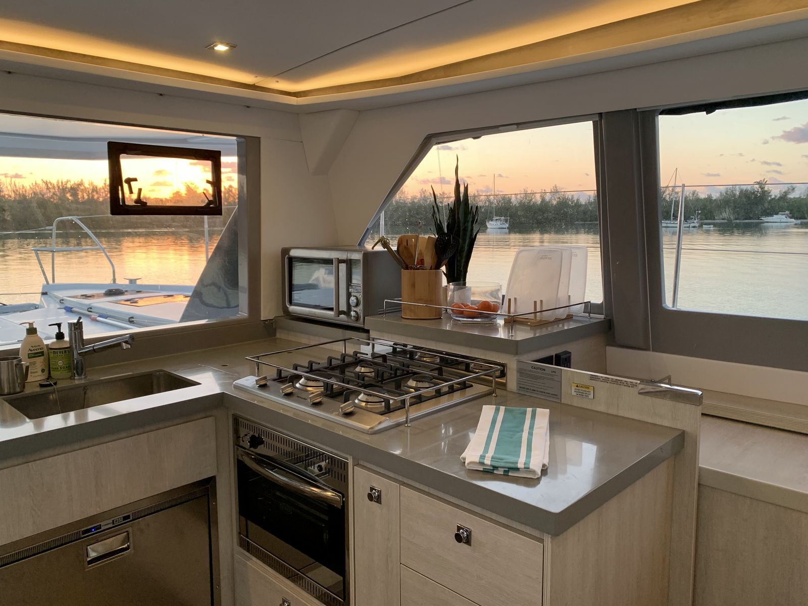 Lived-in galley at sunset